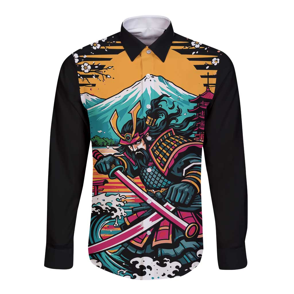 Japanese Samurai Warrior Mount Fuji Long Sleeve Button Shirt Katana Japanese Wave Cherry Blossom Art