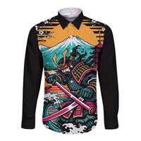 Japanese Samurai Warrior Mount Fuji Long Sleeve Button Shirt Katana Japanese Wave Cherry Blossom Art