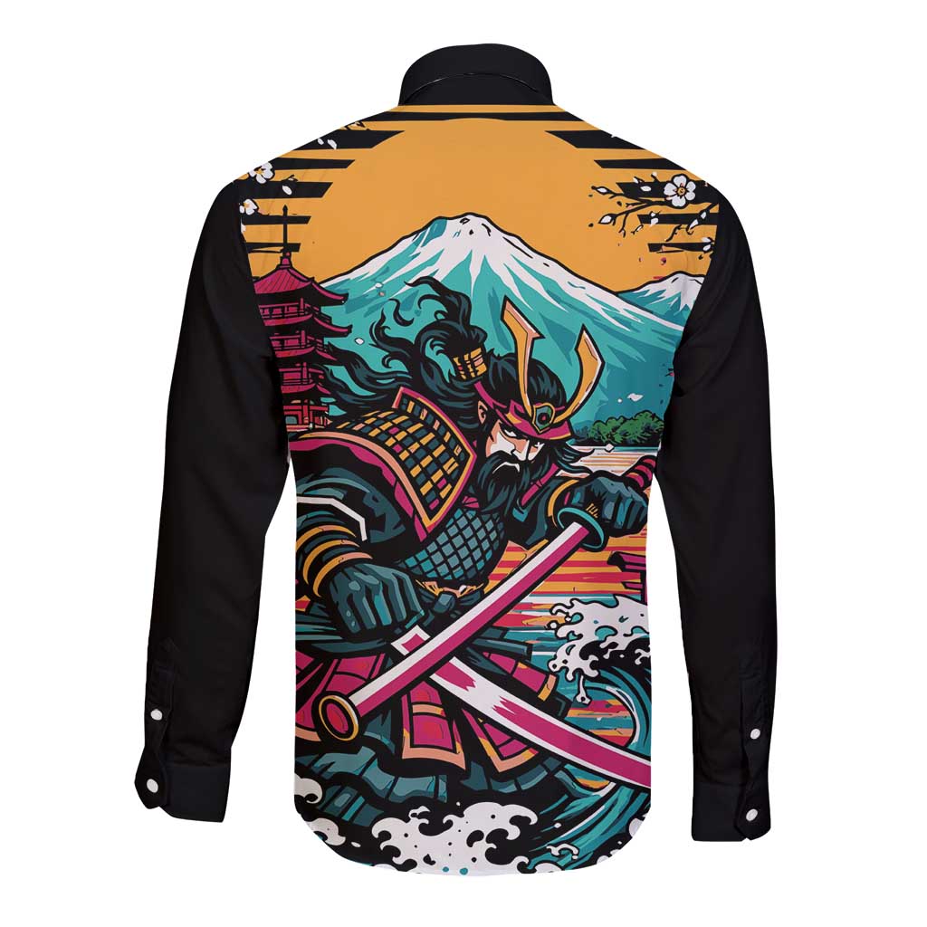 Japanese Samurai Warrior Mount Fuji Long Sleeve Button Shirt Katana Japanese Wave Cherry Blossom Art