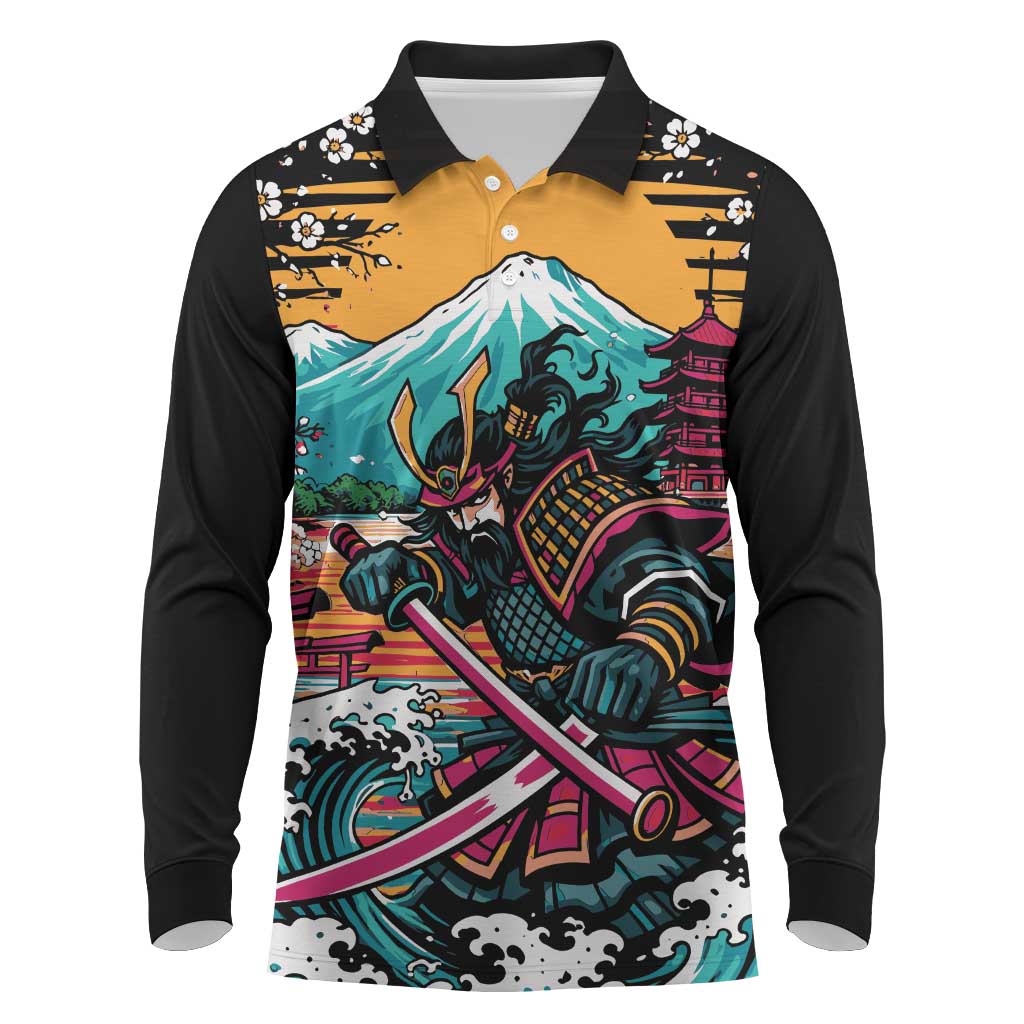 Japanese Samurai Warrior Mount Fuji Long Sleeve Polo Shirt Katana Japanese Wave Cherry Blossom Art