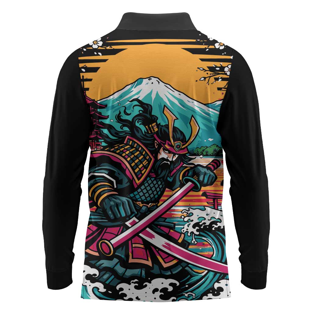Japanese Samurai Warrior Mount Fuji Long Sleeve Polo Shirt Katana Japanese Wave Cherry Blossom Art