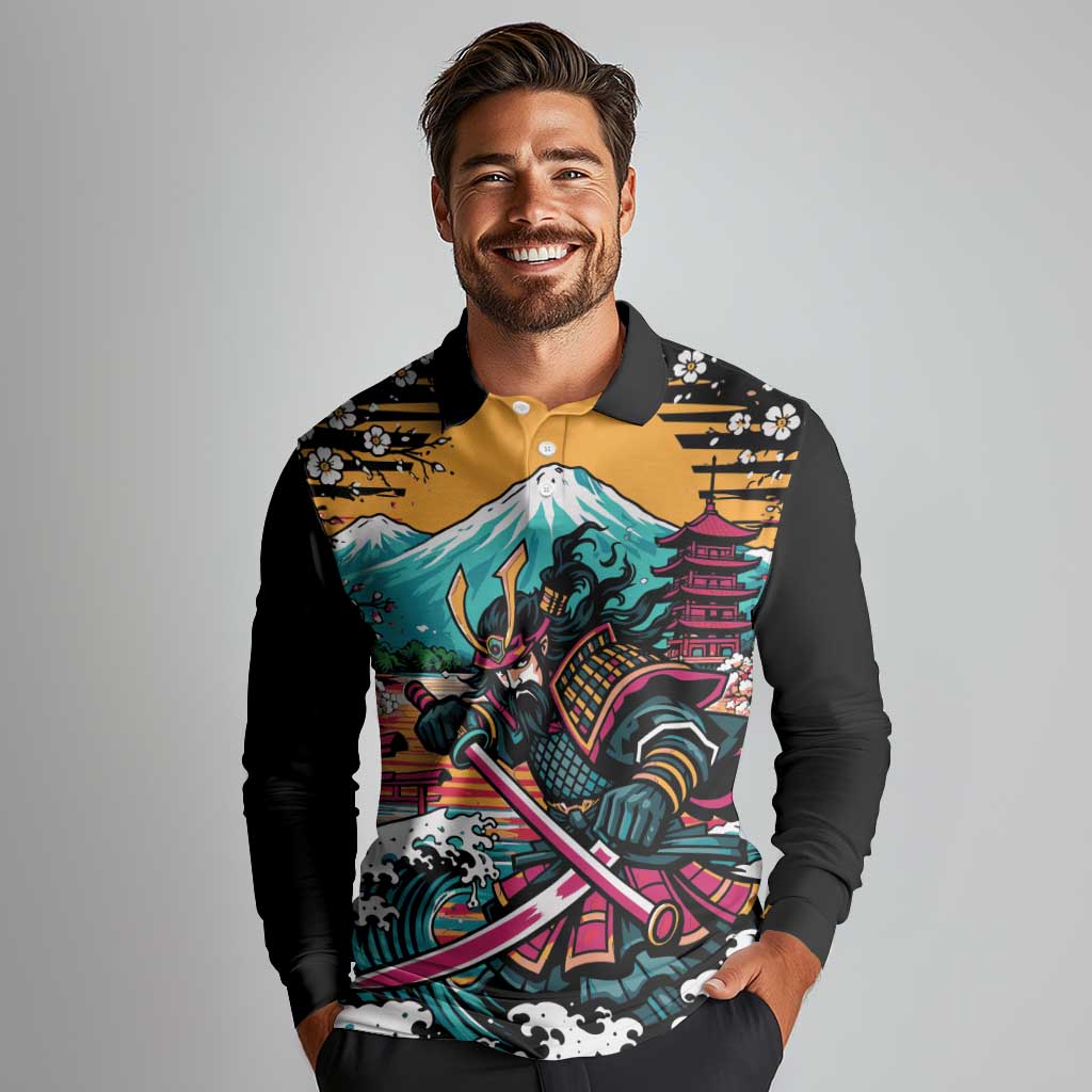 Japanese Samurai Warrior Mount Fuji Long Sleeve Polo Shirt Katana Japanese Wave Cherry Blossom Art