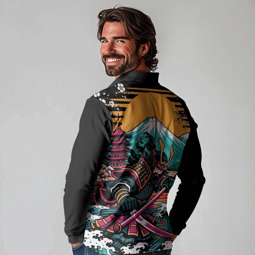 Japanese Samurai Warrior Mount Fuji Long Sleeve Polo Shirt Katana Japanese Wave Cherry Blossom Art