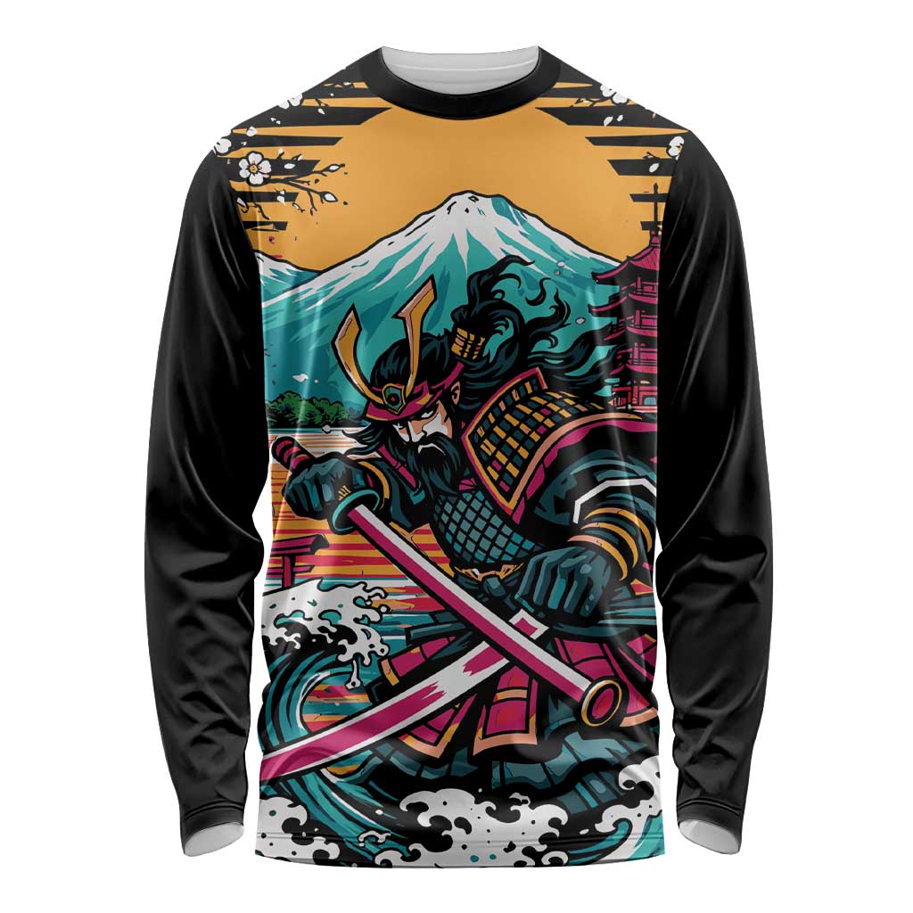 Japanese Samurai Warrior Mount Fuji Long Sleeve Shirt Katana Japanese Wave Cherry Blossom Art