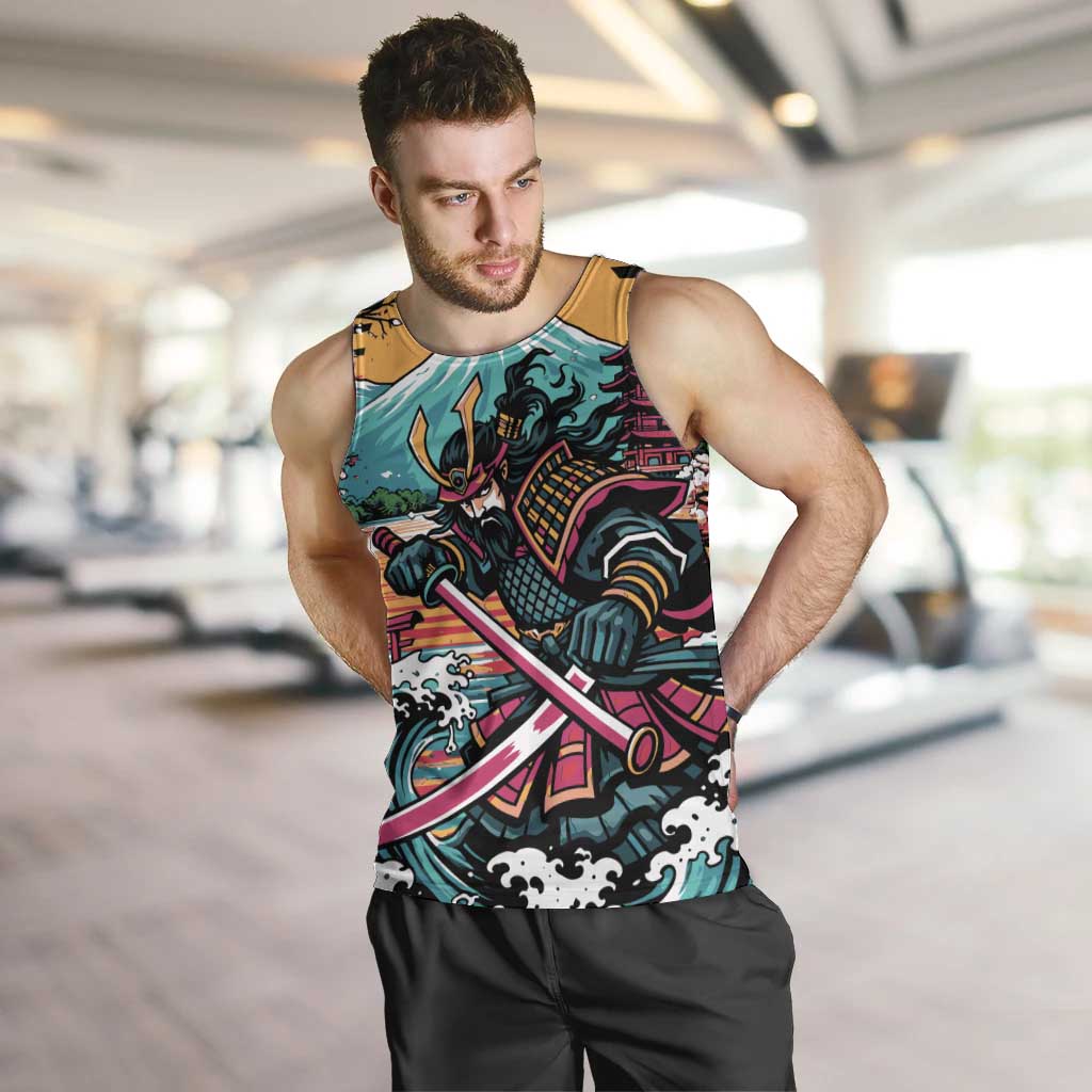 Japanese Samurai Warrior Mount Fuji Men Tank Top Katana Japanese Wave Cherry Blossom Art
