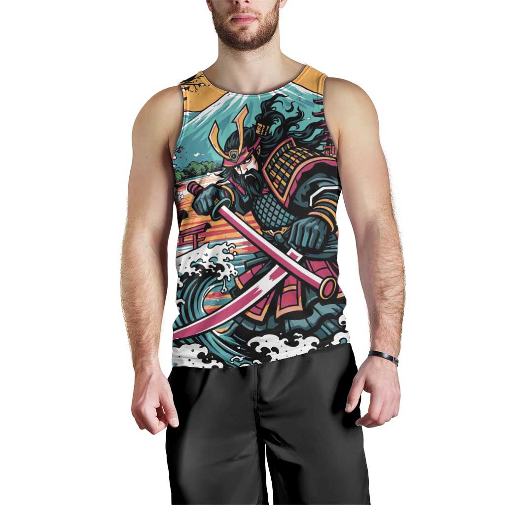 Japanese Samurai Warrior Mount Fuji Men Tank Top Katana Japanese Wave Cherry Blossom Art