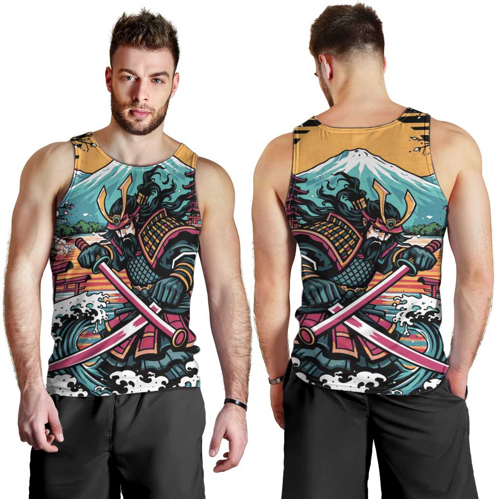Japanese Samurai Warrior Mount Fuji Men Tank Top Katana Japanese Wave Cherry Blossom Art