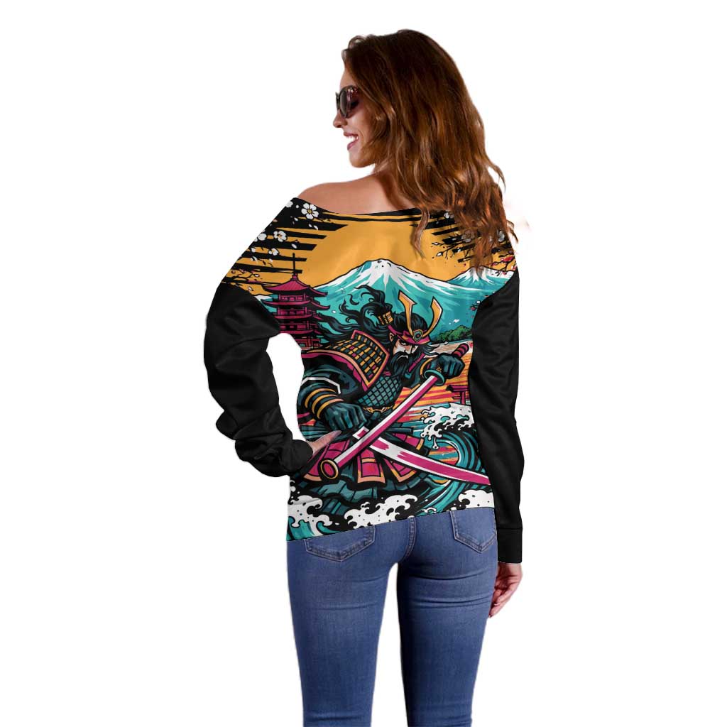 Japanese Samurai Warrior Mount Fuji Off Shoulder Sweater Katana Japanese Wave Cherry Blossom Art