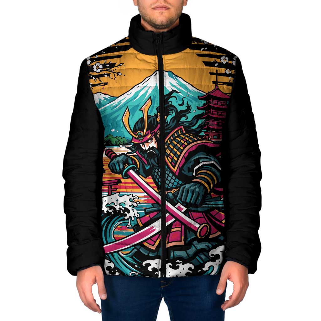 Japanese Samurai Warrior Mount Fuji Padded Jacket Katana Japanese Wave Cherry Blossom Art