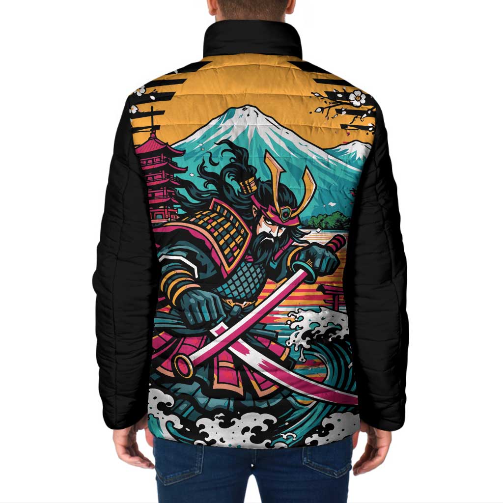 Japanese Samurai Warrior Mount Fuji Padded Jacket Katana Japanese Wave Cherry Blossom Art