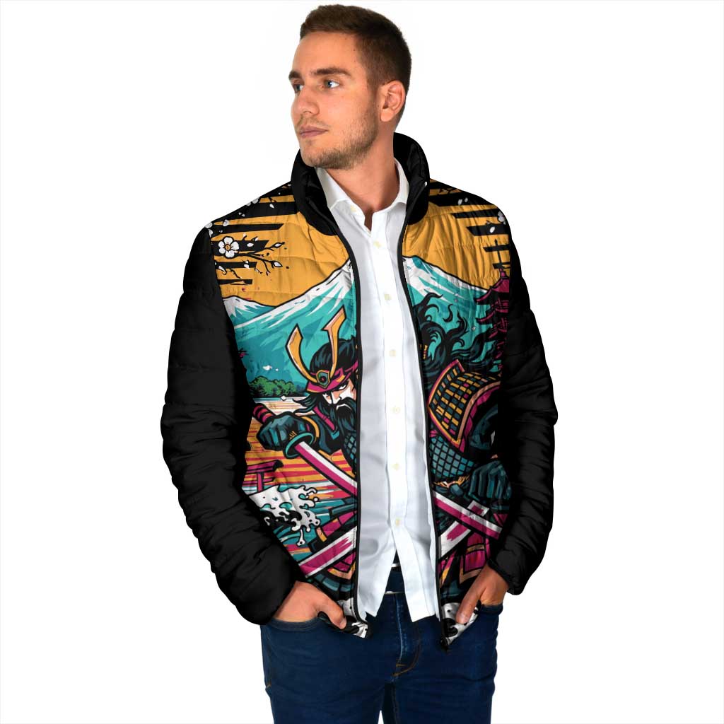 Japanese Samurai Warrior Mount Fuji Padded Jacket Katana Japanese Wave Cherry Blossom Art