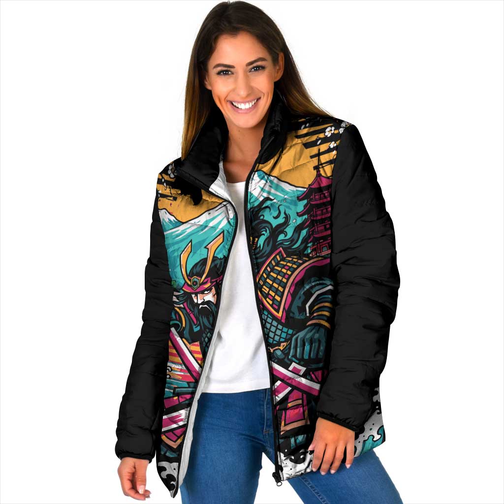 Japanese Samurai Warrior Mount Fuji Padded Jacket Katana Japanese Wave Cherry Blossom Art