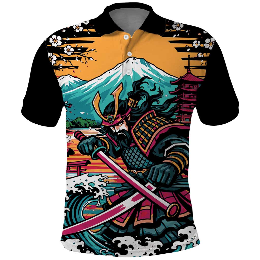 Japanese Samurai Warrior Mount Fuji Polo Shirt Katana Japanese Wave Cherry Blossom Art