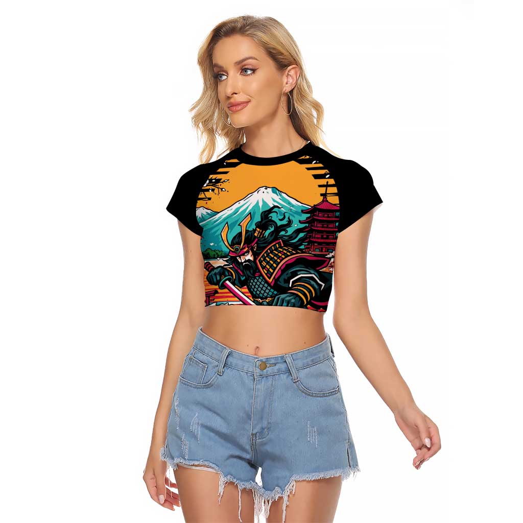 Japanese Samurai Warrior Mount Fuji Raglan Cropped T Shirt Katana Japanese Wave Cherry Blossom Art