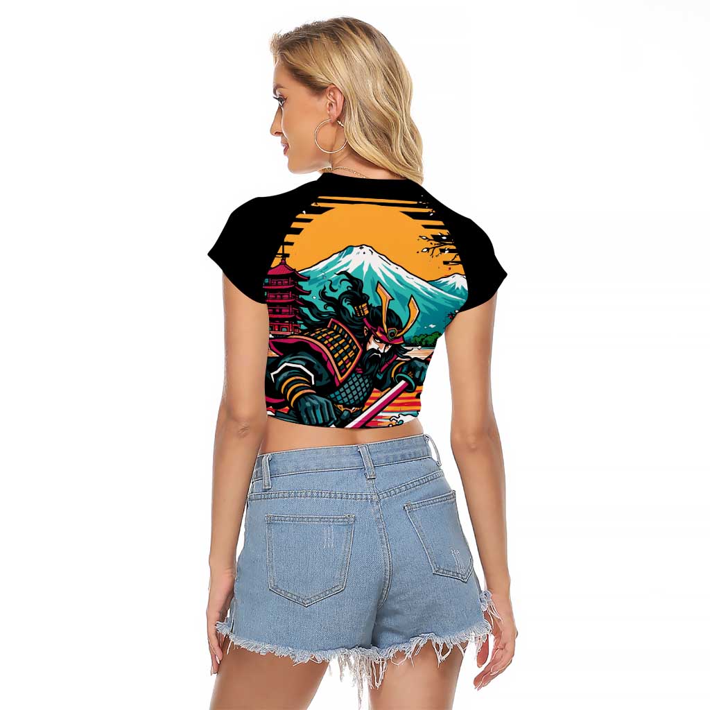 Japanese Samurai Warrior Mount Fuji Raglan Cropped T Shirt Katana Japanese Wave Cherry Blossom Art