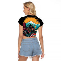 Japanese Samurai Warrior Mount Fuji Raglan Cropped T Shirt Katana Japanese Wave Cherry Blossom Art