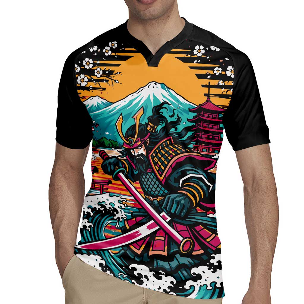 Japanese Samurai Warrior Mount Fuji Rugby Jersey Katana Japanese Wave Cherry Blossom Art