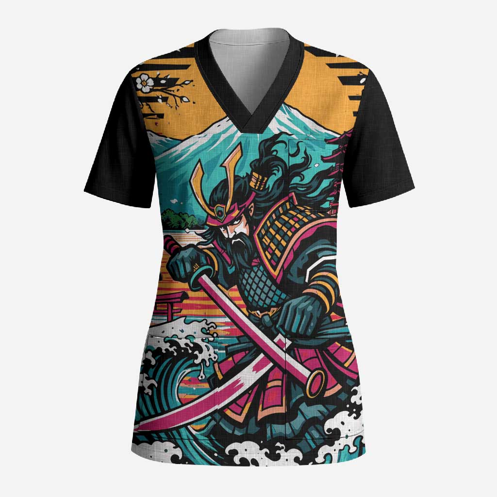 Japanese Samurai Warrior Mount Fuji Scrub Top Katana Japanese Wave Cherry Blossom Art