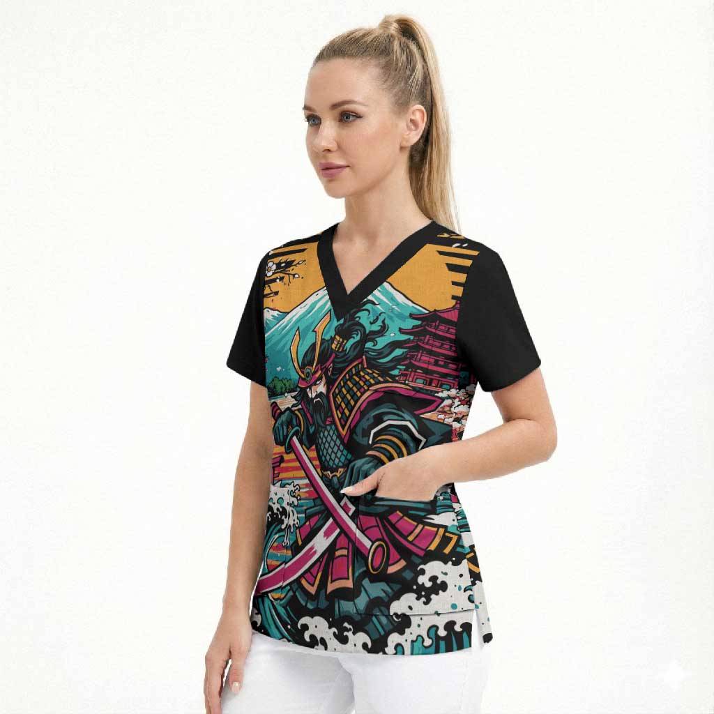 Japanese Samurai Warrior Mount Fuji Scrub Top Katana Japanese Wave Cherry Blossom Art