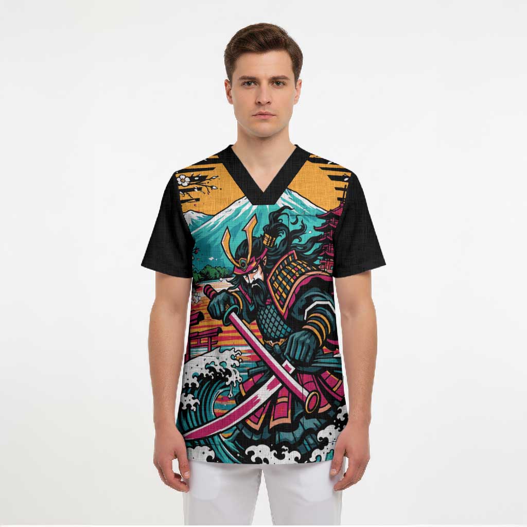 Japanese Samurai Warrior Mount Fuji Scrub Top Katana Japanese Wave Cherry Blossom Art