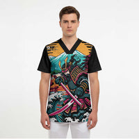 Japanese Samurai Warrior Mount Fuji Scrub Top Katana Japanese Wave Cherry Blossom Art