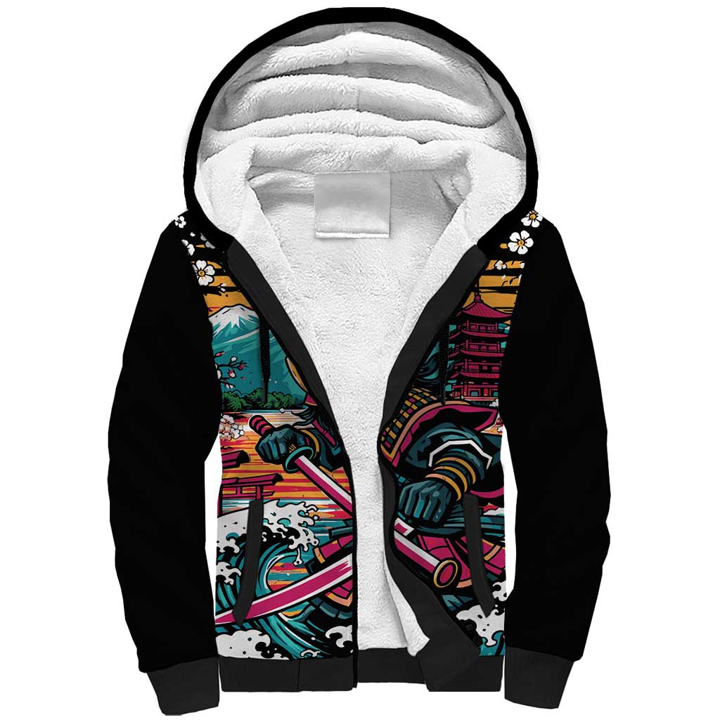 Japanese Samurai Warrior Mount Fuji Sherpa Hoodie Katana Japanese Wave Cherry Blossom Art