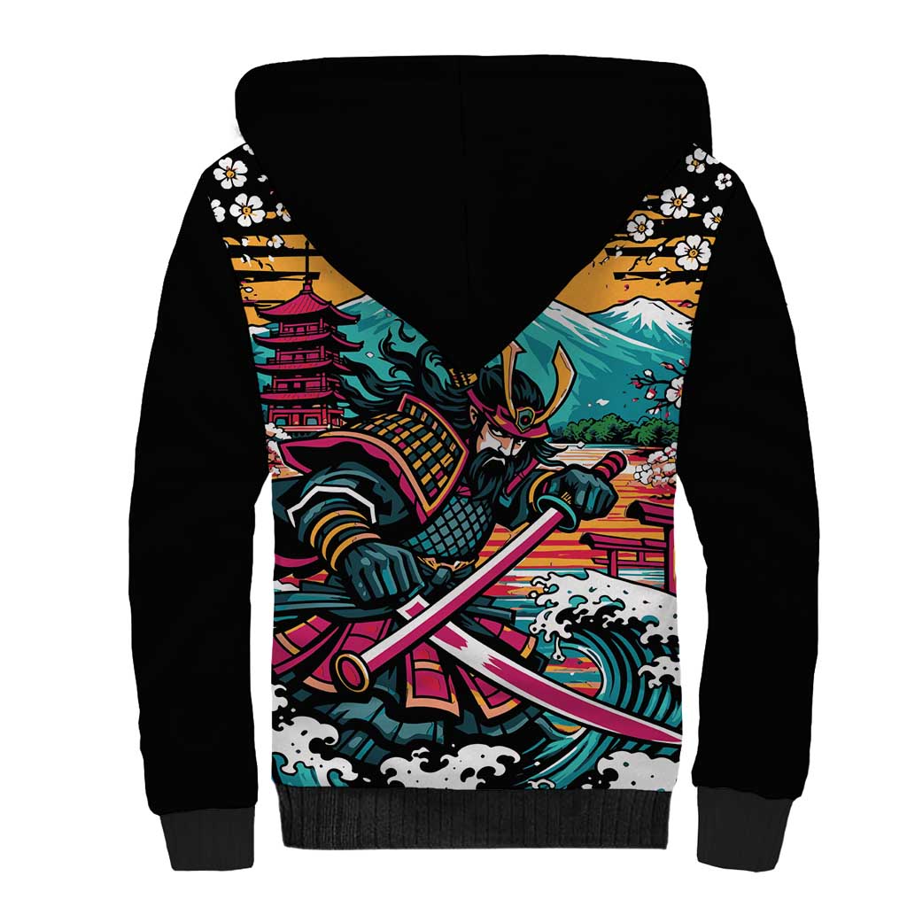 Japanese Samurai Warrior Mount Fuji Sherpa Hoodie Katana Japanese Wave Cherry Blossom Art