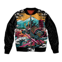 Japanese Samurai Warrior Mount Fuji Sleeve Zip Bomber Jacket Katana Japanese Wave Cherry Blossom Art