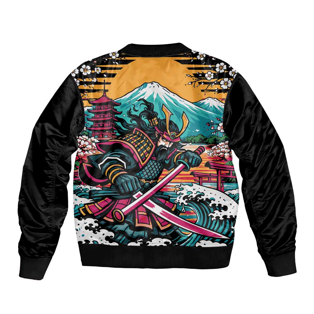 Japanese Samurai Warrior Mount Fuji Sleeve Zip Bomber Jacket Katana Japanese Wave Cherry Blossom Art