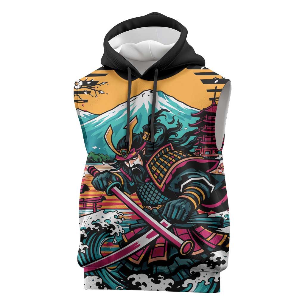 Japanese Samurai Warrior Mount Fuji Sleeveless Hoodie Katana Japanese Wave Cherry Blossom Art