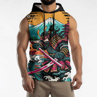 Japanese Samurai Warrior Mount Fuji Sleeveless Hoodie Katana Japanese Wave Cherry Blossom Art