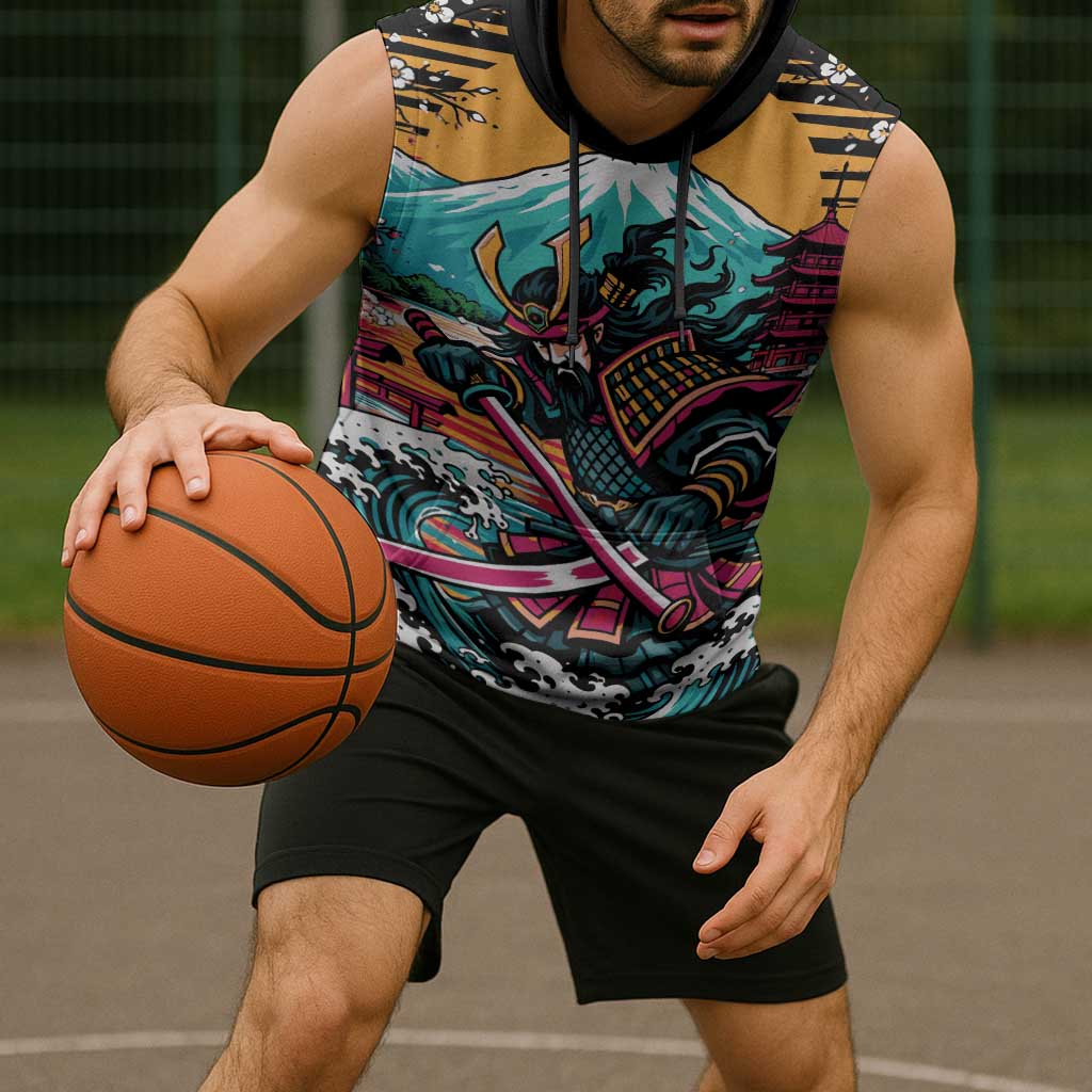 Japanese Samurai Warrior Mount Fuji Sleeveless Hoodie Katana Japanese Wave Cherry Blossom Art
