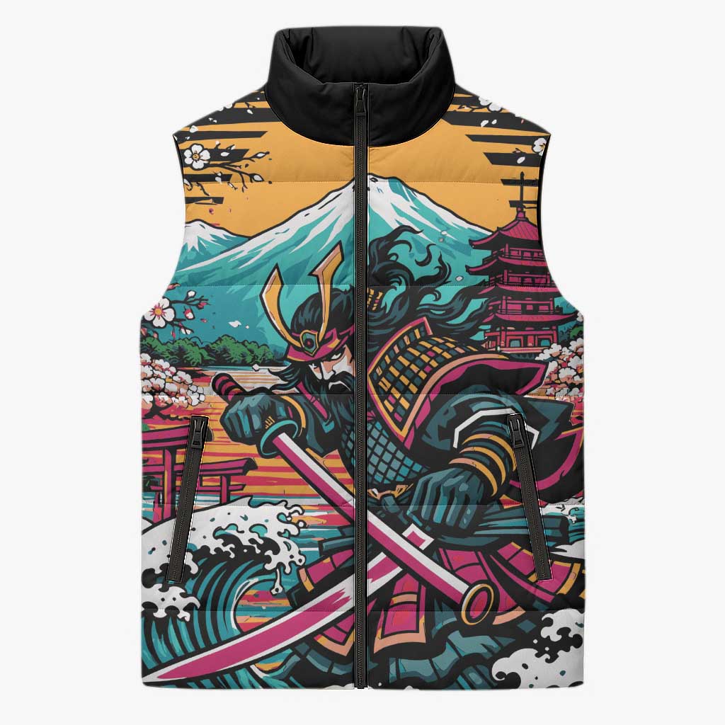 Japanese Samurai Warrior Mount Fuji Sleeveless Puffer Jacket Katana Japanese Wave Cherry Blossom Art