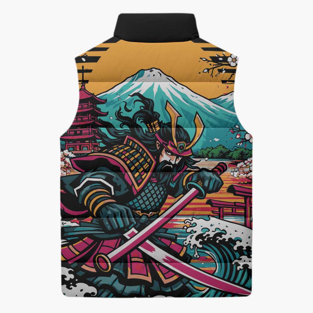 Japanese Samurai Warrior Mount Fuji Sleeveless Puffer Jacket Katana Japanese Wave Cherry Blossom Art