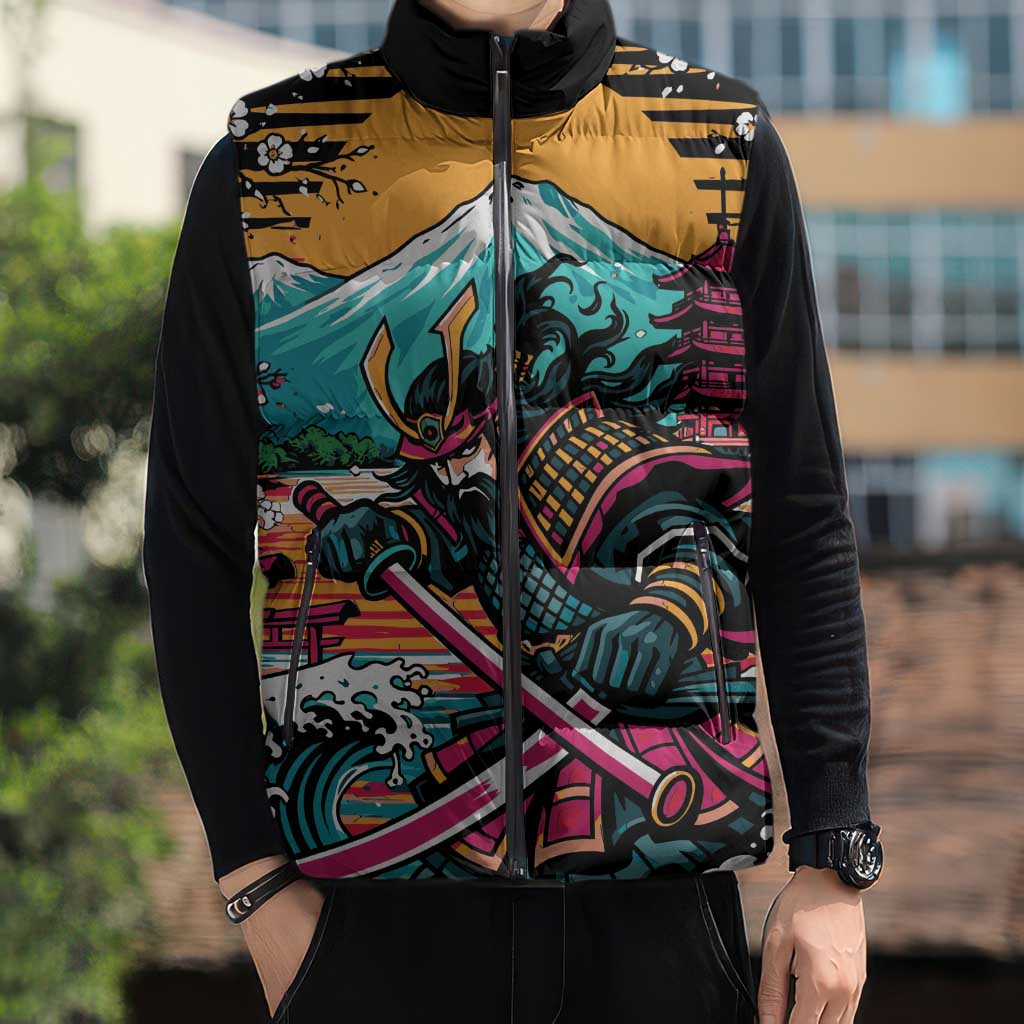 Japanese Samurai Warrior Mount Fuji Sleeveless Puffer Jacket Katana Japanese Wave Cherry Blossom Art