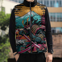 Japanese Samurai Warrior Mount Fuji Sleeveless Puffer Jacket Katana Japanese Wave Cherry Blossom Art