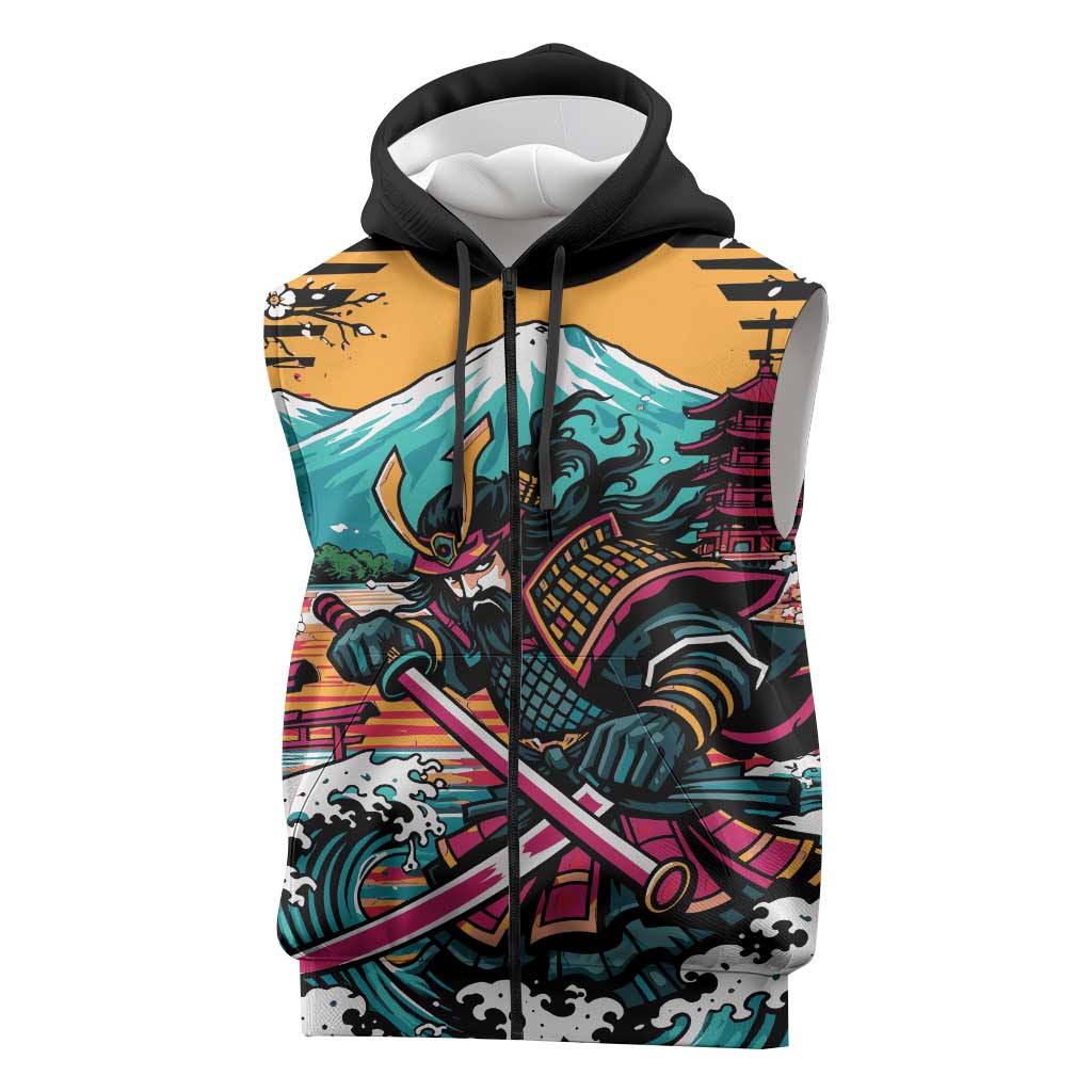 Japanese Samurai Warrior Mount Fuji Sleeveless Zip Hoodie Katana Japanese Wave Cherry Blossom Art