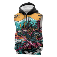Japanese Samurai Warrior Mount Fuji Sleeveless Zip Hoodie Katana Japanese Wave Cherry Blossom Art