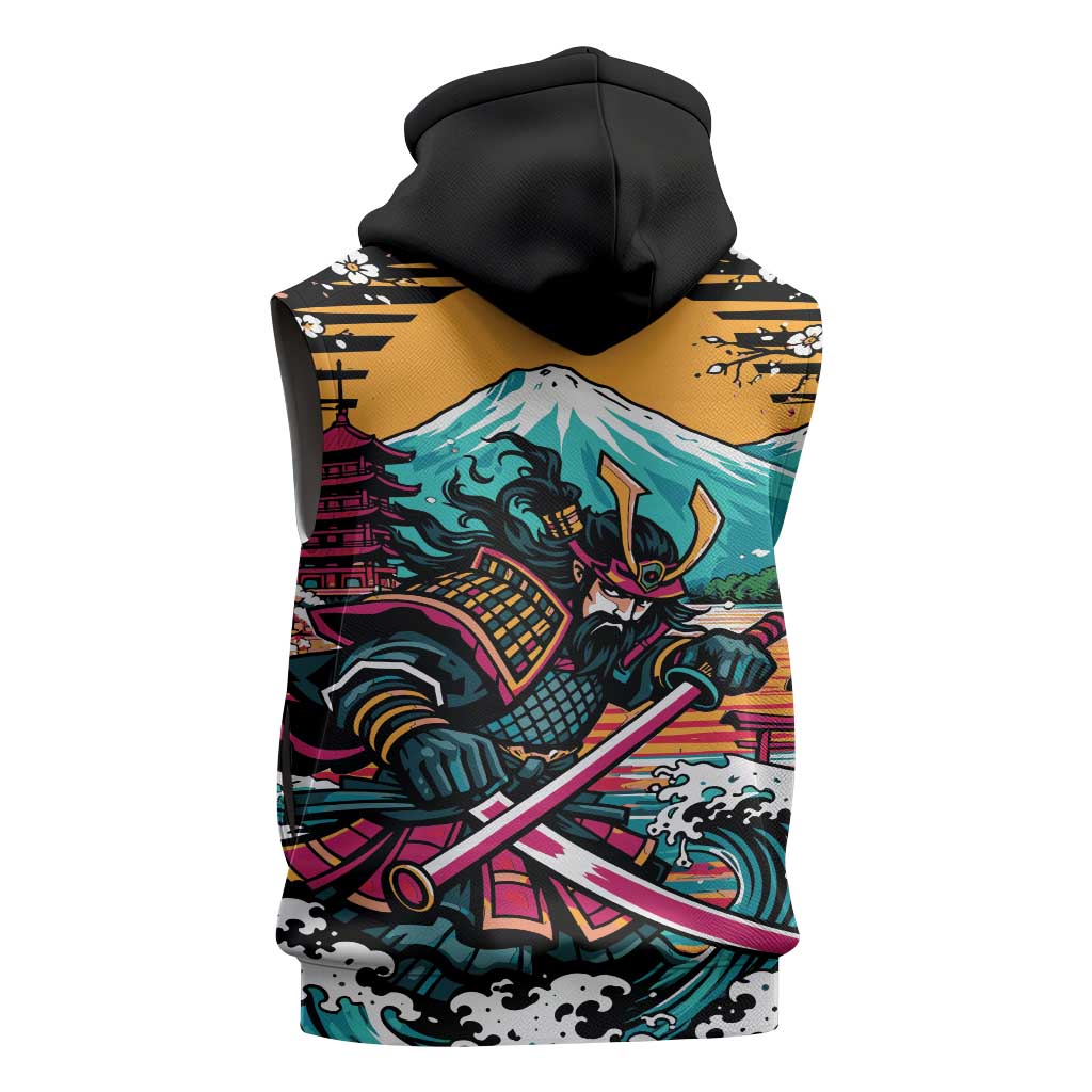 Japanese Samurai Warrior Mount Fuji Sleeveless Zip Hoodie Katana Japanese Wave Cherry Blossom Art