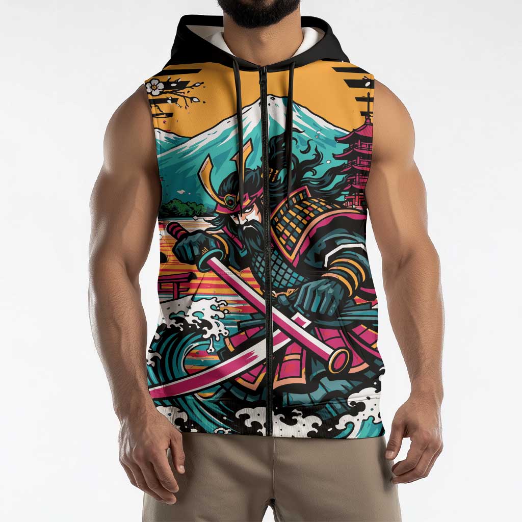 Japanese Samurai Warrior Mount Fuji Sleeveless Zip Hoodie Katana Japanese Wave Cherry Blossom Art
