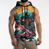 Japanese Samurai Warrior Mount Fuji Sleeveless Zip Hoodie Katana Japanese Wave Cherry Blossom Art
