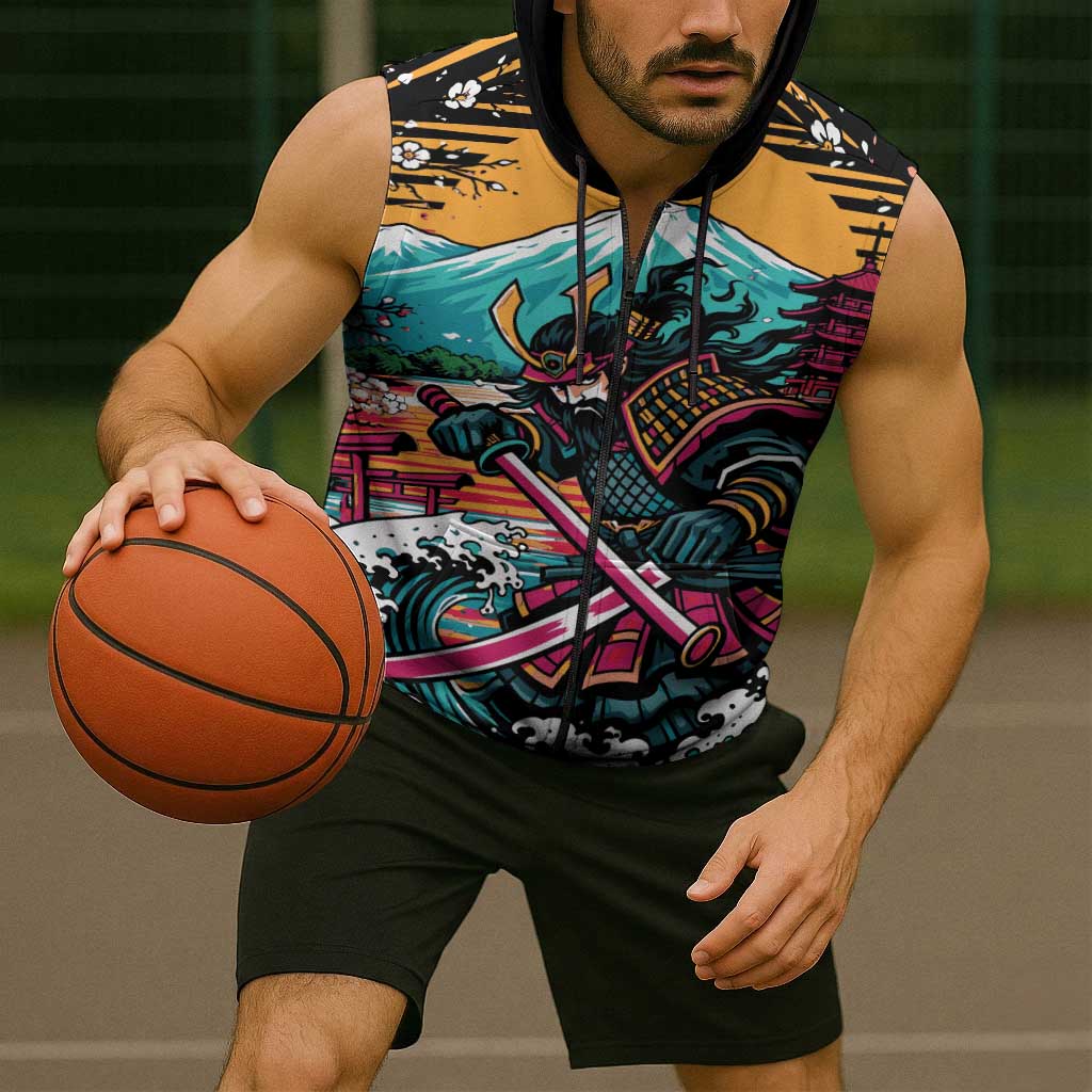 Japanese Samurai Warrior Mount Fuji Sleeveless Zip Hoodie Katana Japanese Wave Cherry Blossom Art