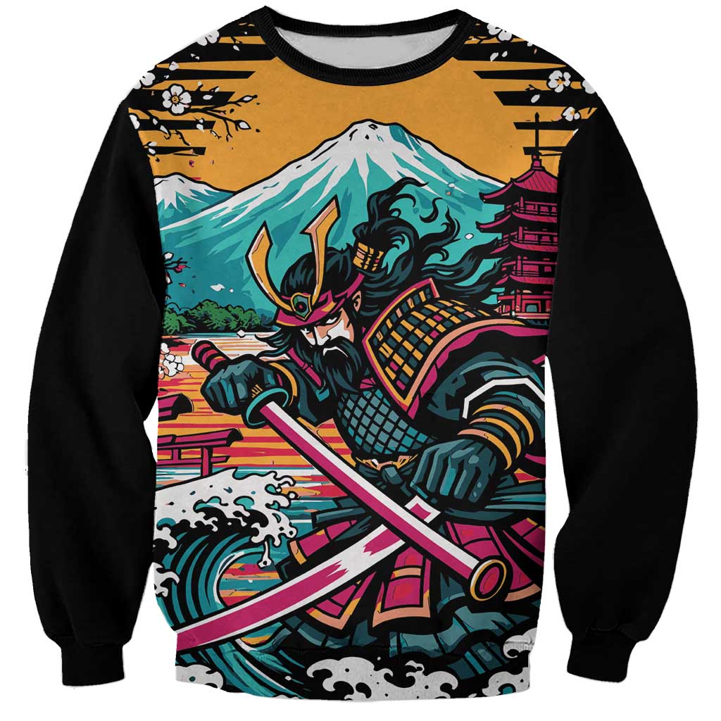 Japanese Samurai Warrior Mount Fuji Sweatshirt Katana Japanese Wave Cherry Blossom Art