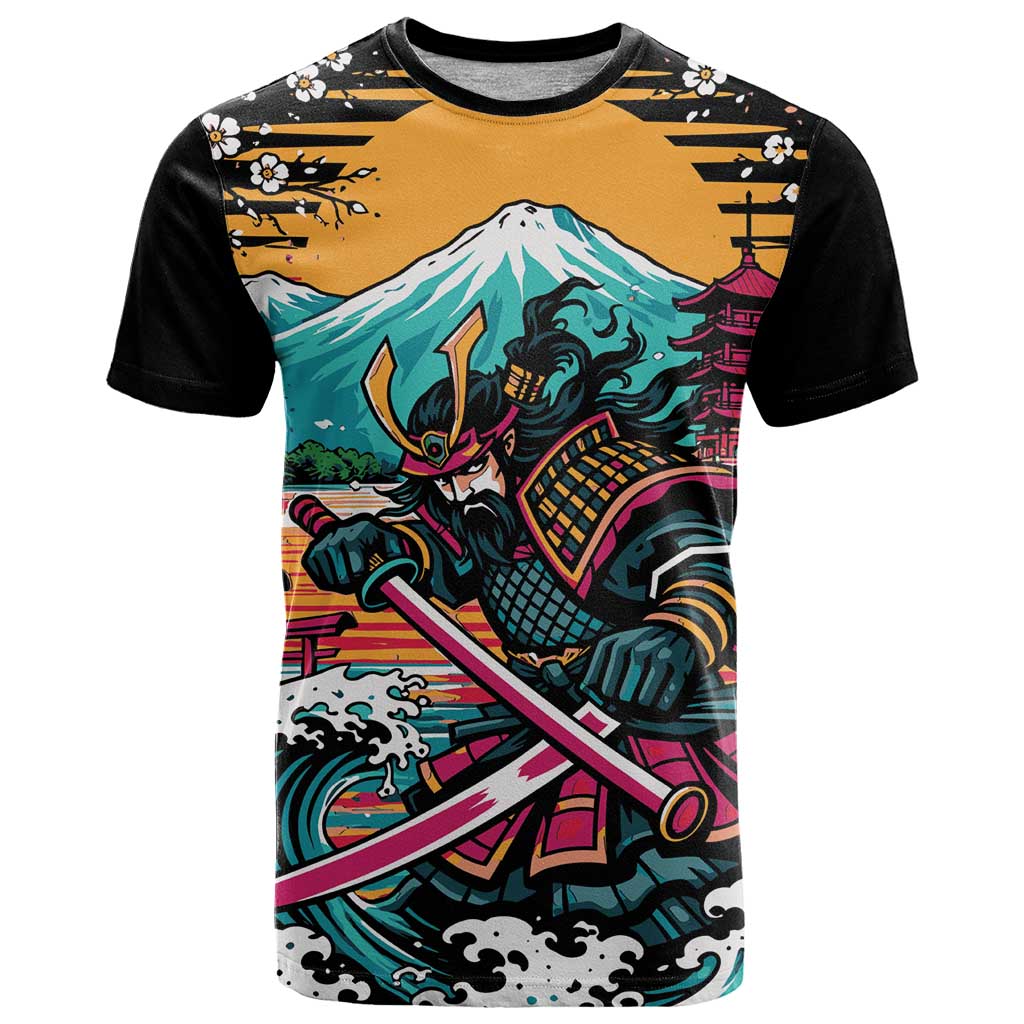 Japanese Samurai Warrior Mount Fuji T Shirt Katana Japanese Wave Cherry Blossom Art