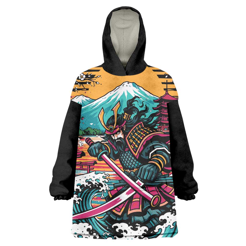 Japanese Samurai Warrior Mount Fuji Wearable Blanket Hoodie Katana Japanese Wave Cherry Blossom Art