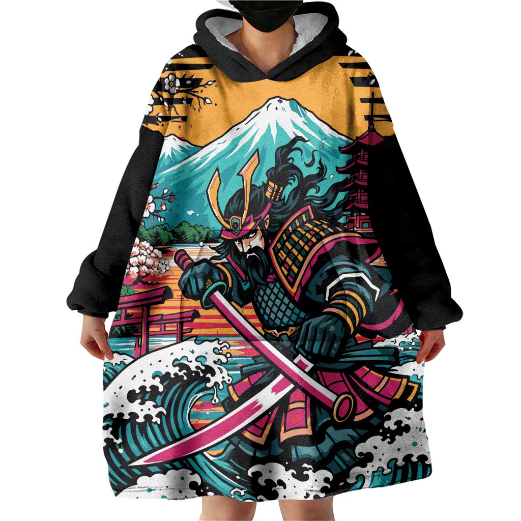 Japanese Samurai Warrior Mount Fuji Wearable Blanket Hoodie Katana Japanese Wave Cherry Blossom Art