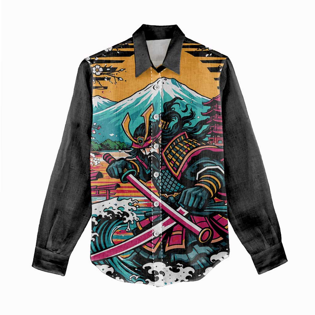 Japanese Samurai Warrior Mount Fuji Women Casual Shirt Katana Japanese Wave Cherry Blossom Art