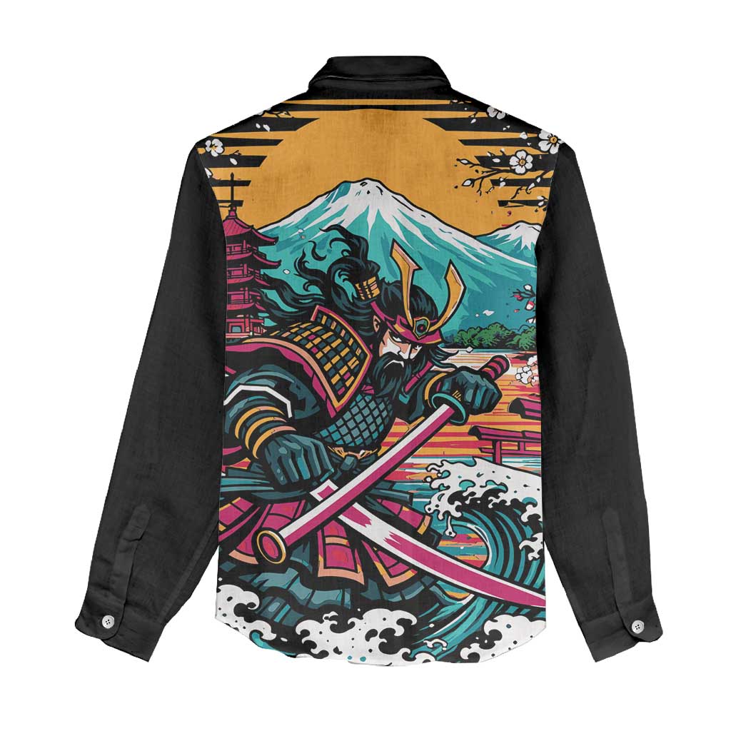 Japanese Samurai Warrior Mount Fuji Women Casual Shirt Katana Japanese Wave Cherry Blossom Art