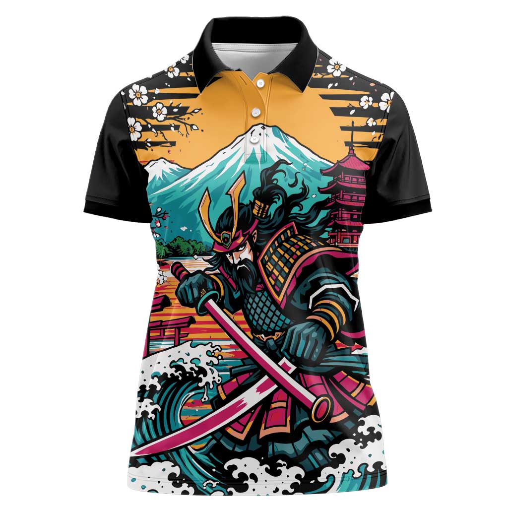 Japanese Samurai Warrior Mount Fuji Women Polo Shirt Katana Japanese Wave Cherry Blossom Art
