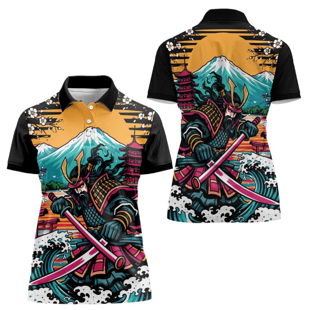 Japanese Samurai Warrior Mount Fuji Women Polo Shirt Katana Japanese Wave Cherry Blossom Art